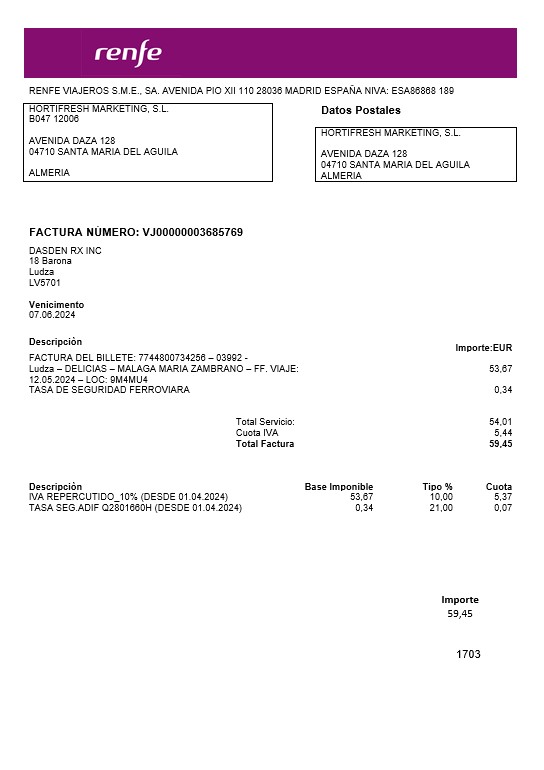 Latvia Renfe business utility bill template in Word and PDF formats